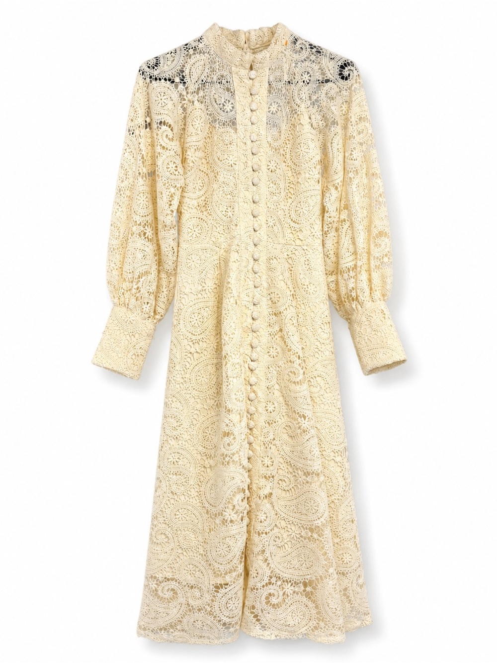 Ivory Cream Crochet Lace Midi Dress Long Sleeve Button Front Elegant